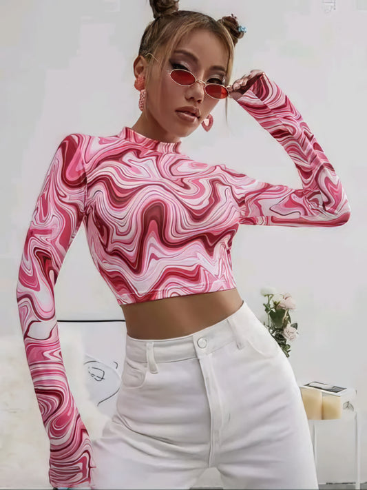 Abstract Printed Crop Top With Full Sleeves