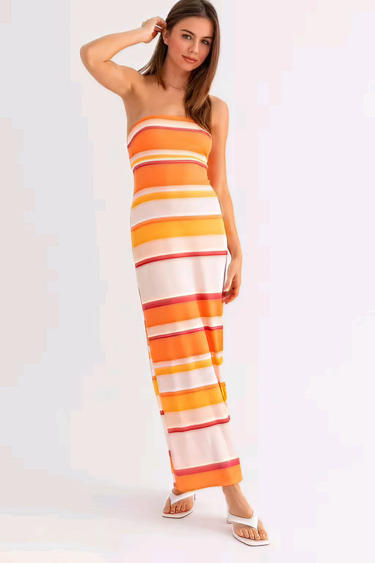 Backless Orange Strip Long Dress