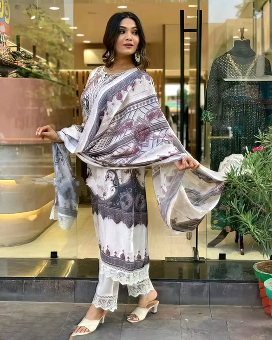 Grey Printed Kurta And Churidar Set With Dupatta