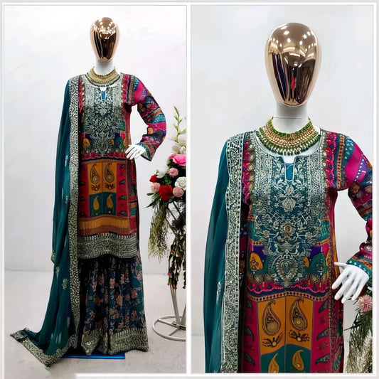 Georgette Print Diamond Work Top with Sharara Set