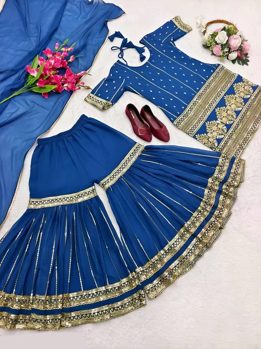 Dark Blue Georgette Embroidery Work Sharara Dress