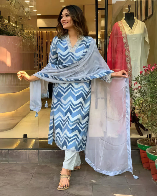 Blue Stripes Kurta Pant Dupatta Set