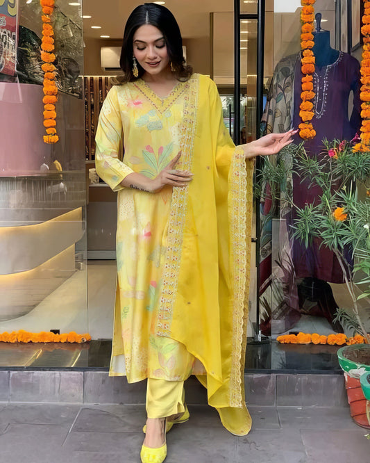 Yellow Design KURTA PANT DUPATTA SET